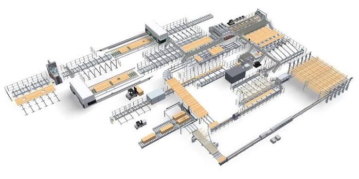 Isometric rendering of a complete wood processing production line with conveyors, saws and stacking stations
