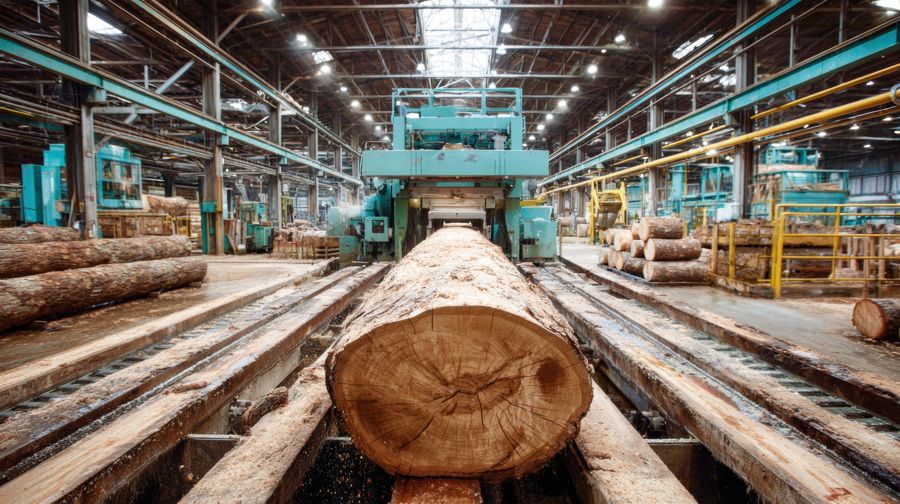 Log on the carriage of a sawmill headrig inside a timber processing plant